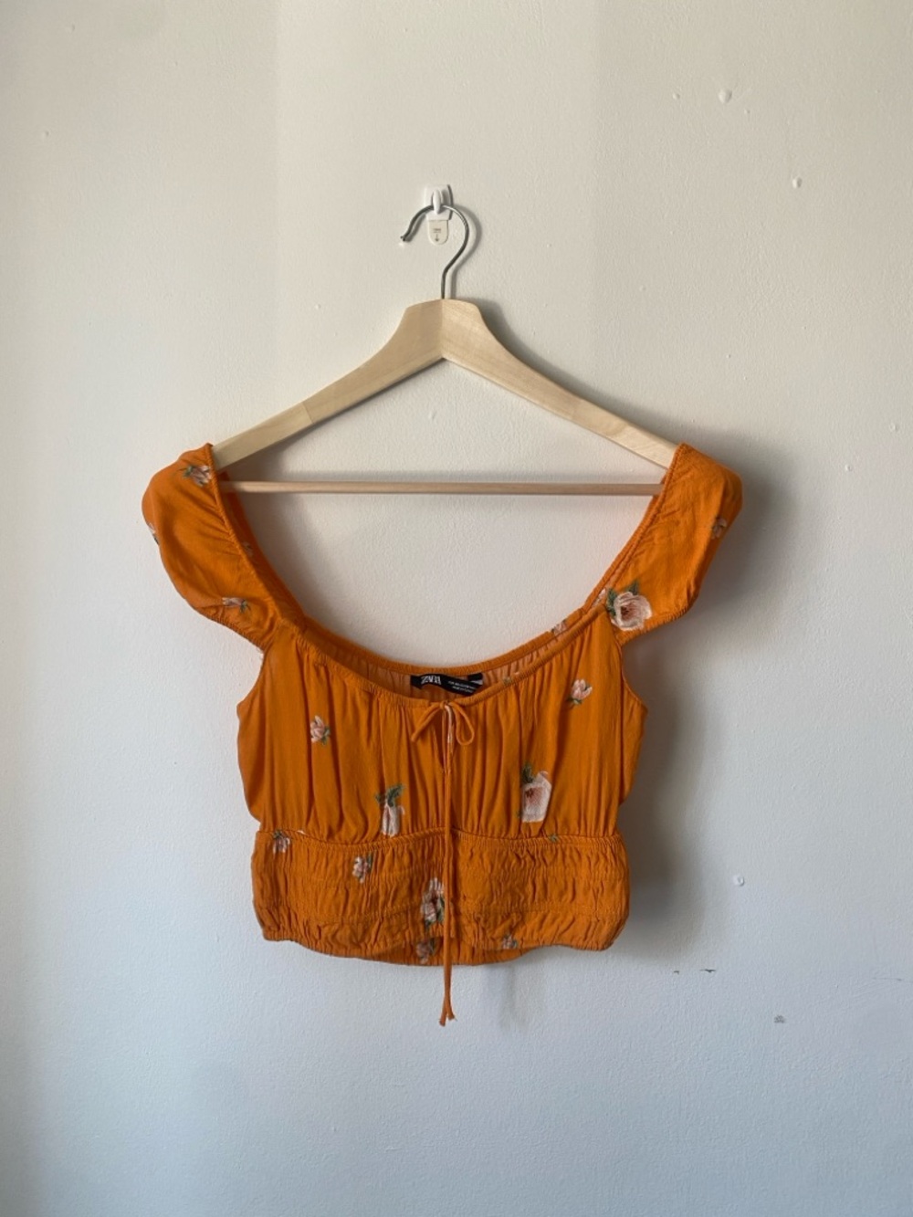 Zara Orange Floral Cropped Tie-Front Top